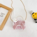 Pink tweed girls' crossbody bag with large bow, pearl handle and gold chain strap - Solid Bow Decor Pink