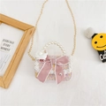 Pink tweed girls handbag with pearl handle, ribbon bow and metal chain strap - Bowknot Multi-color
