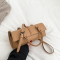 Minimalist camel leather handbag with black metal buckles and adjustable shoulder strap - Khaki