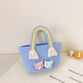 Handgeweven blauwe mini tas met beertje borduursel en kleurrijke regenboog grepen - Blauw Stijl 1