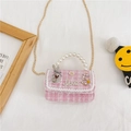 Pink tweed girls handbag with pearl handle, lace trim, and daisy doll accessories - Pink Rabbit