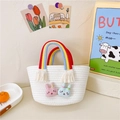 Mini sac panier tressé blanc pour filles avec anses arc-en-ciel et patchs lapin mignons - Blanc Type 2