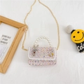Pink tweed mini bag for girls with pearl handle, 3D bunny and daisy flower patches - Blue Rabbit