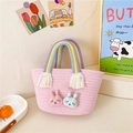 Mini sac panier tissé rose avec lapins et anses arc-en-ciel pour filles - Rose Style 2