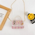 Pink tweed crossbody bag for girls with pearl handle and floral rabbit charm - Rabbit Rose Red