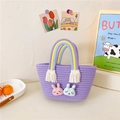 Mini sac panier violet tressé avec motifs de lapins et anse arc-en-ciel à pompons - Violet Style 2