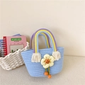 Sac à main tissé bleu clair pour enfant avec marguerite et poignée arc-en-ciel - Bleu Style 2
