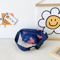 Dark blue children's canvas waist bag featuring cartoon dinosaur print and adjustable strap - Blue Style 1
