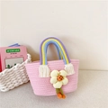 Mini sac à main rose tissé pour filles avec anse arc-en-ciel et grande fleur jaune - Rose Style 2
