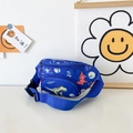 Kids blue canvas waist bag with cartoon dinosaur print and sports themed patterns - Blue Style 2