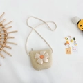 Kids beige straw crossbody bag with white floral applique and soft cotton rope strap - White