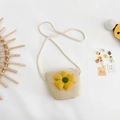 Kids mini straw crossbody bag in beige featuring a bright yellow sunflower accent - Yellow