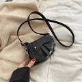 Mini black lychee leather girls' saddle bag with silver chain and white stitching - Black