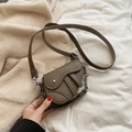 Brown lychee leather saddle bag for girls with white stitching and silver chain strap - Elephant Gray
