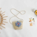 Kids mini straw crossbody bag with large blue flower and beige woven shoulder strap - Blue