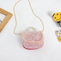 Pink tweed kids crossbody bag with pearl handle and gauze flower decoration - Small Flower Red