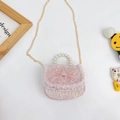 Pink sequin tweed girl's crossbody bag with pearl handle and crown detail - Floral Pink