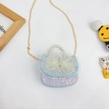 Cute girls mini pearl handbag in blue and pink tweed with large white mesh bow decoration - Floral Blue