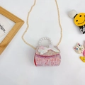 Borsa da bambina in tweed rosa con paillettes sirena, manico di perle e catena - Rosso Verticale