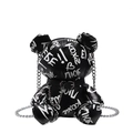Zwarte leren crossbodytas in beervorm met witte graffiti prints en een zilveren ketting - Zwart
