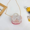 Pink tweed crossbody bag for girls with lace bow, pearl handle, and golden chain - Red Bowknot