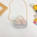 Bolso para niña de tweed azul claro con lazo de encaje rosa y asa de perlas - Estilo 1 / Azul