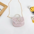 Pink pearl handle princess bag for girls with lace bow and tweed fabric finish - Solid Bow Decor Pink