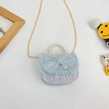 Light blue tweed princess bag for girls with sequins, mesh bow, and pearl handle - Blue Bowknot