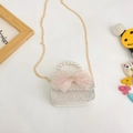Bolso infantil de tweed crema con lazo de malla rosa y asa de perlas finas - Estilo 1 / Blanco