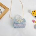 Mini sac à main en tweed bleu clair pour filles avec poignée en perles - Style Nœud / Bleu
