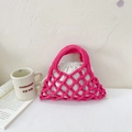 Handwoven rose red mesh bucket bag for kids with cream canvas drawstring inner pouch - Pink