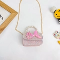 Pink sequin crossbody bag for girls with pearl handle and iridescent mermaid tail detail - Horizontal Pink