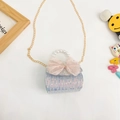 Light blue sequined crossbody bag with pink bow, crown, and pearl handle for girls - Style 2 / Blue