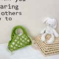 Green handmade crochet mesh bucket bag with a white drawstring inner pouch for kids - Green