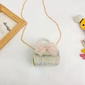 Kids green tweed mini crossbody bag with pink lace bow and pearl handle - Style 2 / Green