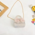 Silver sequin kids handbag with pink mesh bow, pearl handle, and golden chain strap - Style 2 / White