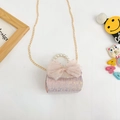 Pink tweed girls' handbag with sparkly sequins, pearl handle and mesh bow detail - Style 2 / Pink