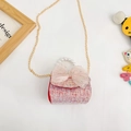 Pink tweed kids handbag with mesh bow, crown rhinestone, pearl handle and chain strap - Style 2 / Red