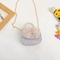 Blue tweed princess handbag for girls with pink mesh bow and pearl handle - Style 3 / Blue