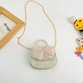 Kids mini tweed crossbody bag in light green with a pink bow and pearl handle - Style 3 / Green