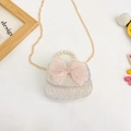Girls' silver sequin mini crossbody bag with pink mesh bow and pearl top handle - Style 3 / White