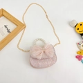 Pink tweed girls princess handbag with mesh bow and white faux pearl handle - Style 3 / Pink