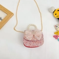 Pink tweed girls' crossbody bag with large mesh bow, pearl handle and crown detail - Style 3 / Red
