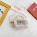 Mini sac à main rose pour fille avec nœud en strass, poignée en perles et dentelle - Rose Horizontal