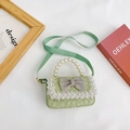 Mint green mini handbag with lace trim, pearl handle and sparkling rhinestone bow - Horizontal Green