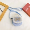 Cute light blue lace crossbody bag for girls with pearl handle and rhinestone bow - Vertical Blue