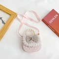 Pink kids handbag with pearl handle, lace trim and rhinestone bow detail - Vertical Pink
