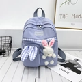 Light purple kids canvas backpack with plaid rabbit ear pocket and plush bunny charm - Blue