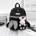 Kids black nylon backpack with cute white plush bunny and black-white checkered pocket - Black