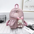 Pink canvas kids backpack with cute white plush bunny and plaid pocket detail - Pink
